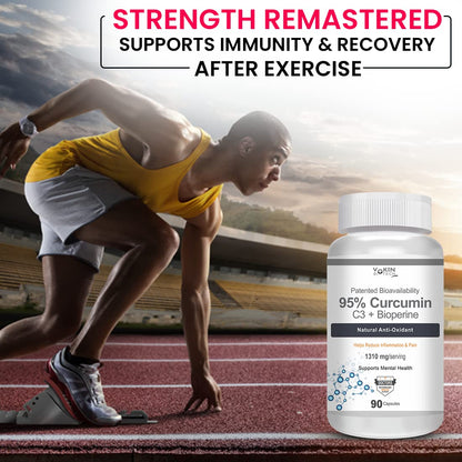 Bottle of 95% Curcumin C3 with a person on a track in the background, promoting immunity and recovery after exercise.
