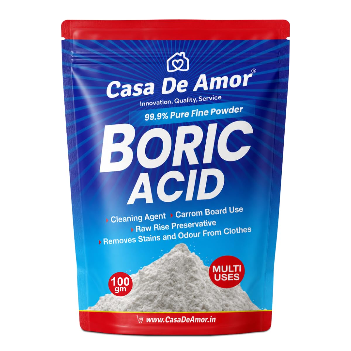Casa De Amor Boric Acid - 99.9% Pure Fine Powder (100 gms) | Highly Effective for Removing Pests Cockroaches, Ants, Silverfishes, for Carrom Board, Rice Preservative, Multi-Purpose, Anhydrous