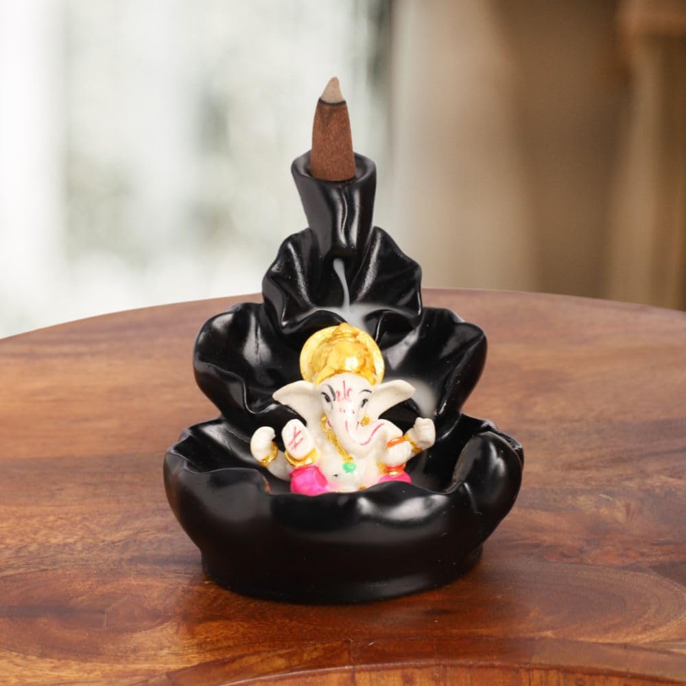 Black Ganesha Idol Waterfall Statue with 8 Incense Smoke Back Flow Fountain Cone Incense Holder | for Table, Living Room, Home Decorative Item