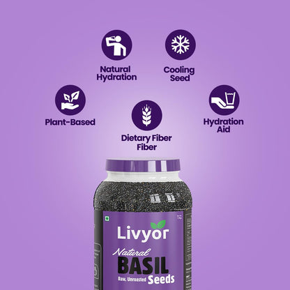 Livyor Raw Basil Seeds for eating - 200g | Sabja Seeds | Tukmaria | Reduces Body Heat | High in Omega-3, Fibre & Plant Protein | Natural Superfood for Weight Management, Digestion & Hydration | Pack of 1