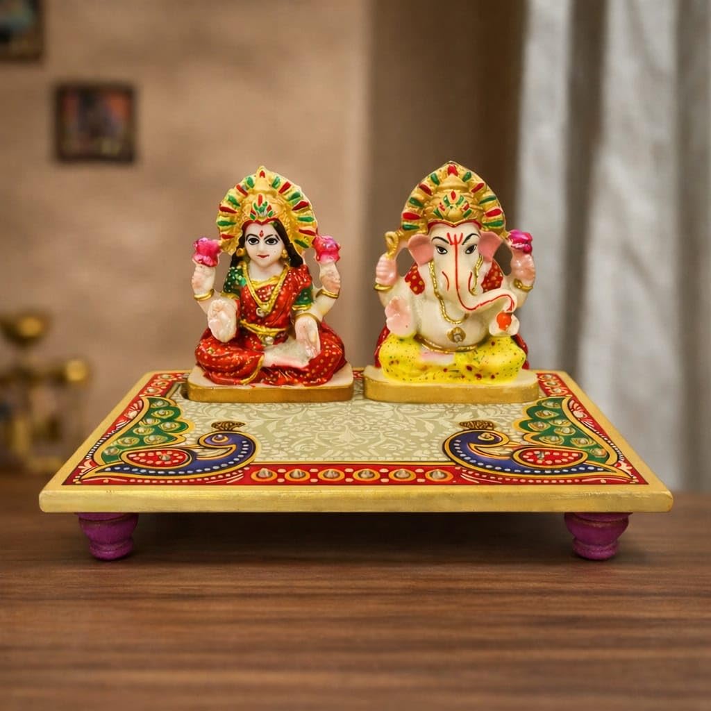 Handcrafted Marble Laxmi Ganesh Idol on Chowki - 6x4 Inch Meenakari Work Lakshmi Ganesha Statue for Diwali Puja, Mandir & Gifting
