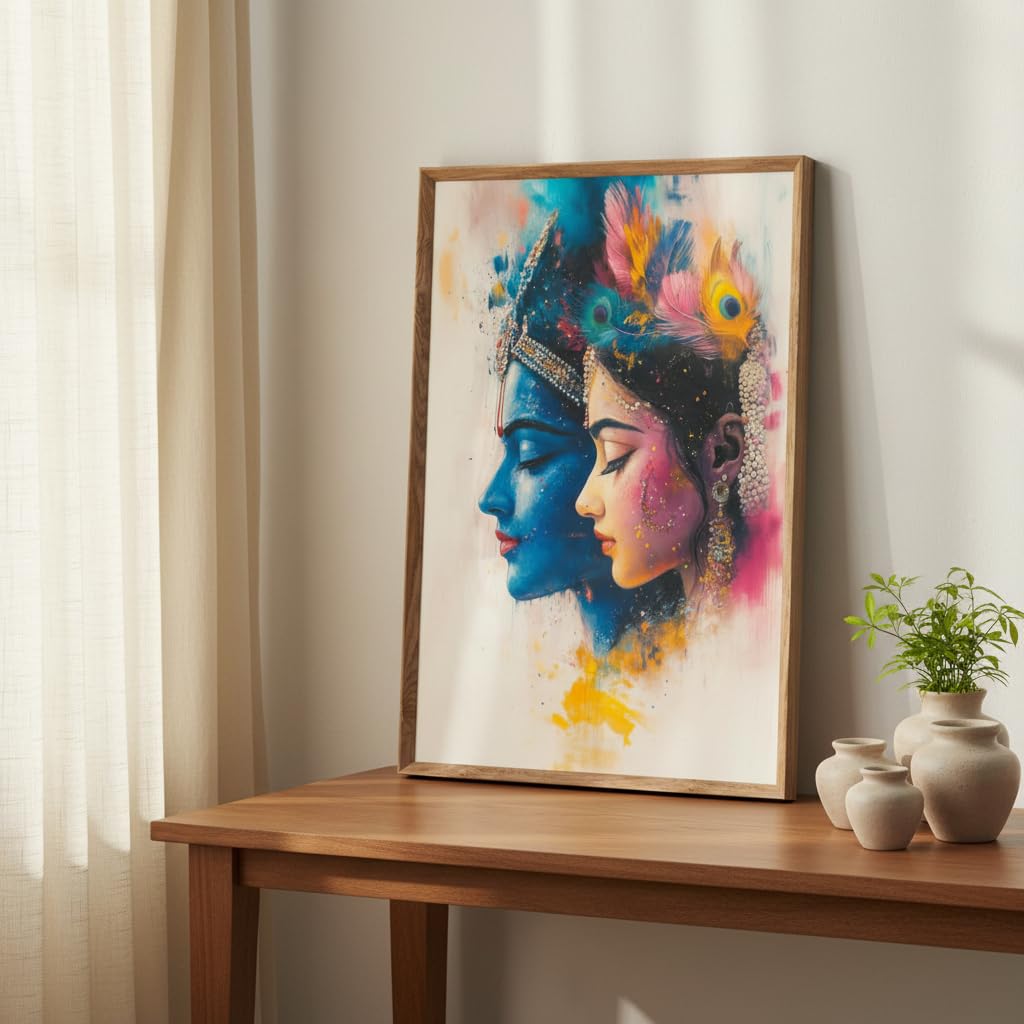 Radha Krishna Modern Art Wall Painting with Wooden Frame | Spiritual Love Artwork HD UV Laminated MDF Wall Decor | Hindu God Radha Krishna Portrait for Living Room Bedroom Decor