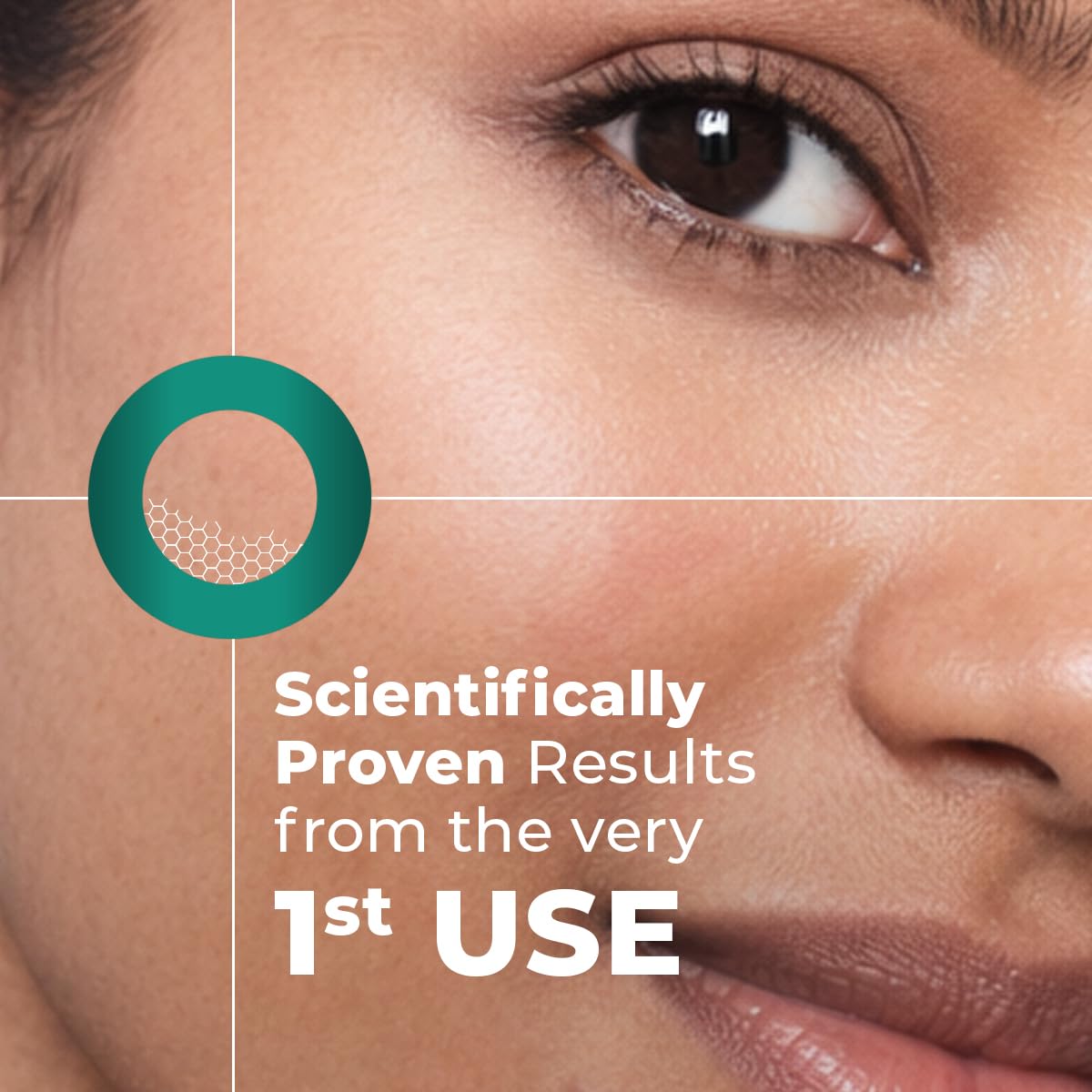 Close-up of a person's eye with text about scientifically proven results from the first use, featuring a green circle with a honeycomb pattern.