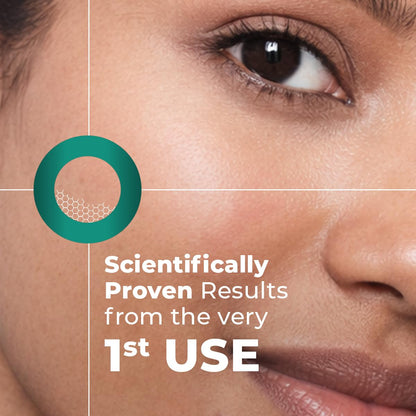 Close-up of a person's eye with text about scientifically proven results from the first use, featuring a green circle with a honeycomb pattern.