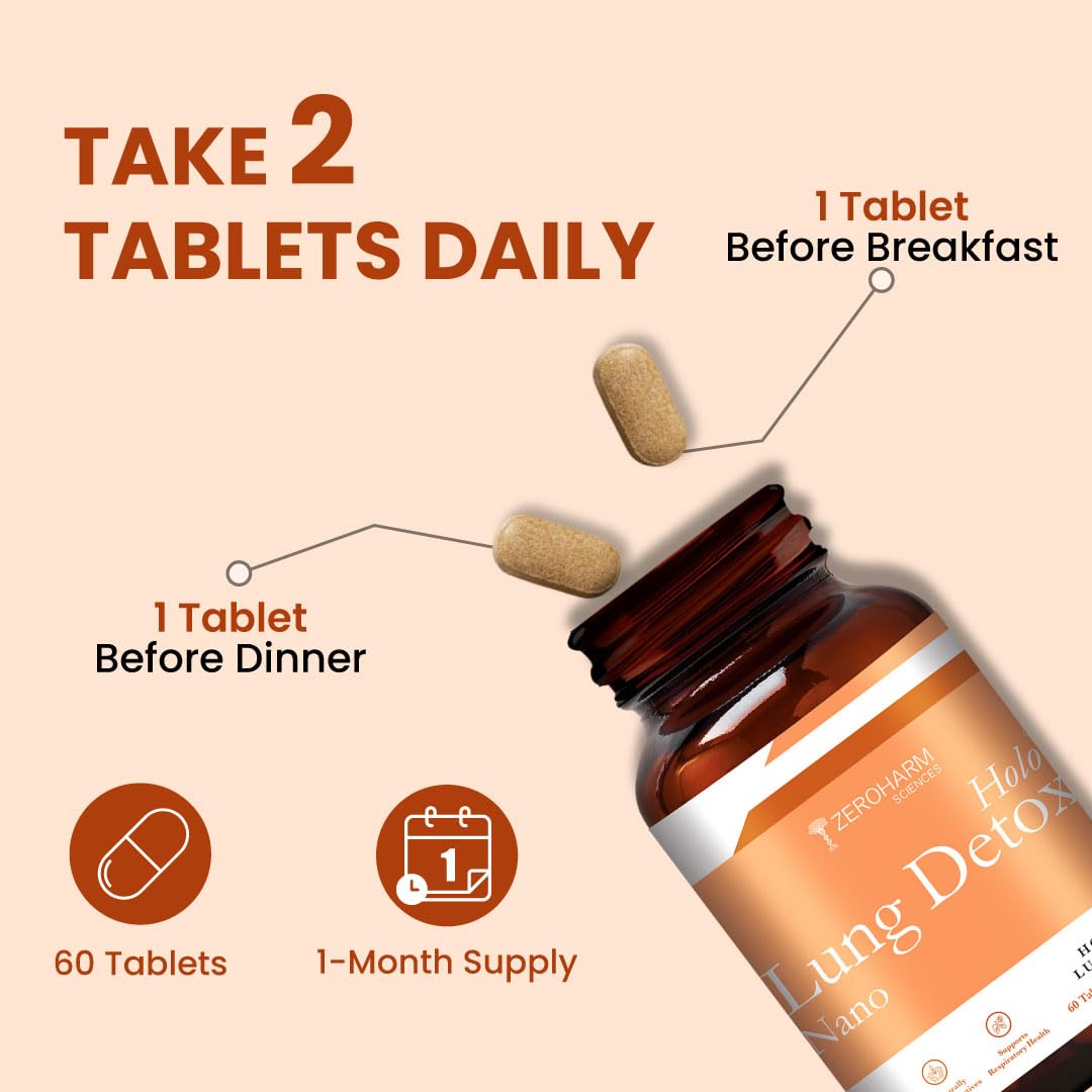 ZEROHARM Holo Lung Detox Tablets for Smokers | Vasaka, Echinacea, Ginger, Basil & Mulethi | Ayurvedic Lung Cleanse for Pollution & Respiratory Health | Nanotechnology for Men & Women | 60 Tablets
