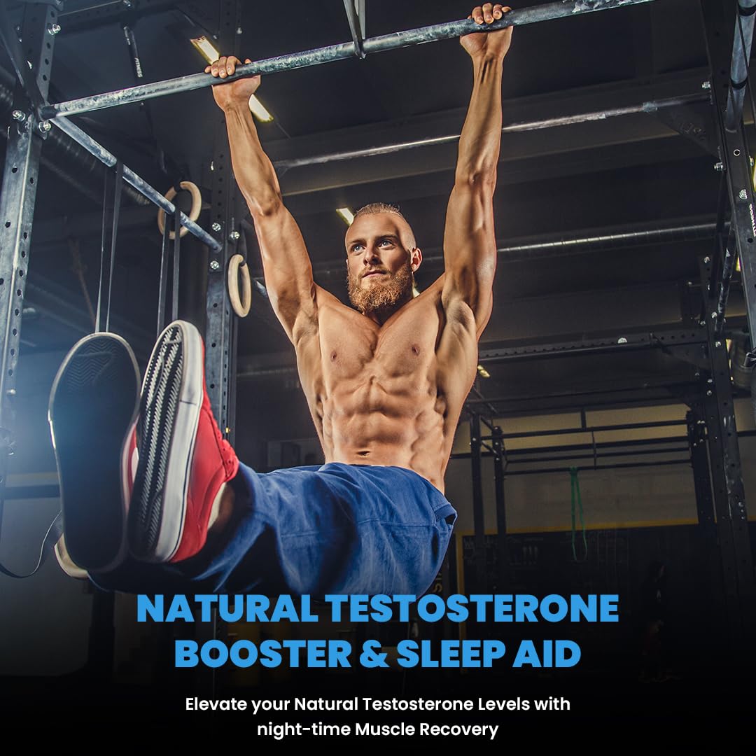 Man performing pull-ups in a gym with text about natural testosterone booster and sleep aid.