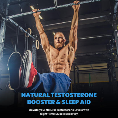 Man performing pull-ups in a gym with text about natural testosterone booster and sleep aid.