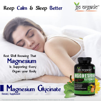 Go Organic Magnesium Glycinate Supplement Glycinate Chelate with Organic Vegetables to Support Sleep, Calm, Muscle Cramp & Stress Relief – Gluten Free, Non GMO - 120 Capsules