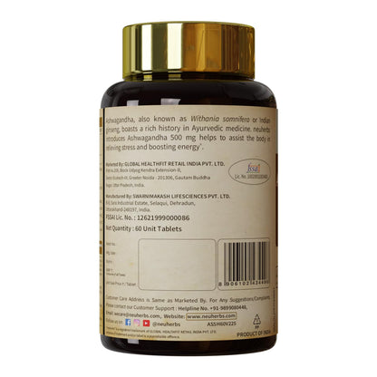 Neuherbs Ashwagandha 500mg Tablets For Men & Women | Manage Anxiety & Stress Relief | Ashwagandha Supplements To Boost Energy, Immunity & Strength | Supports Sleep Cycle - 60 Tablets