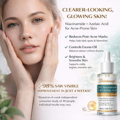 Advertisement for a skincare serum with a woman's face and product image.