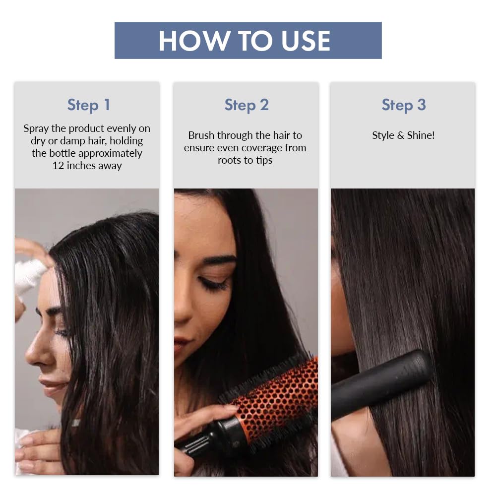 Step-by-step guide on how to use a hair product with images and text.