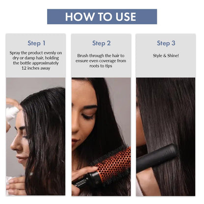 Step-by-step guide on how to use a hair product with images and text.