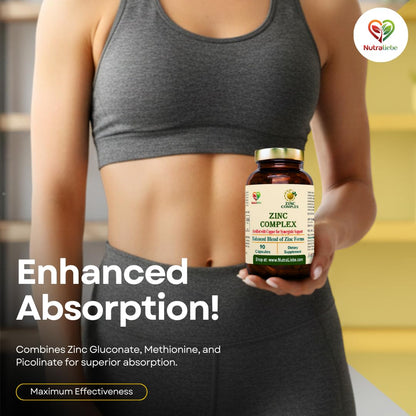 Nutraliebe Zinc Complex with Copper – High Absorption Zinc Gluconate, Methionine & Picolinate – Balanced Mineral Support for Immune Health, Skin, Hair & Cellular Function – 90 Vegetarian Capsules
