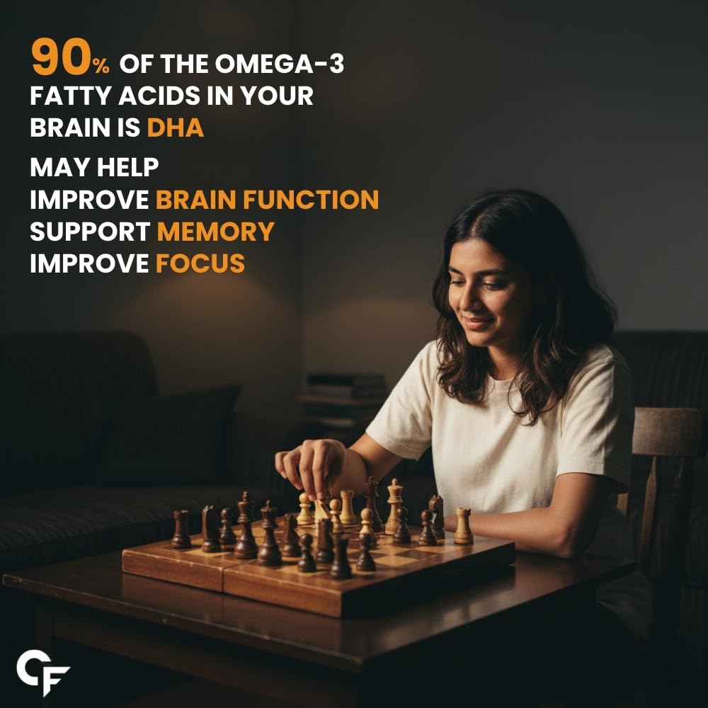 Woman playing chess with text about omega-3 fatty acids and brain function.