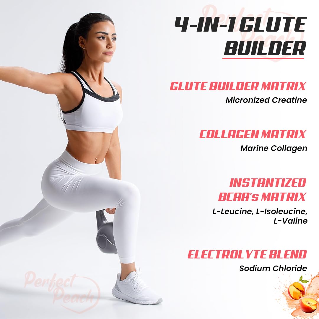 Woman in workout attire with text about a 4-in-1 glute builder product on a white background