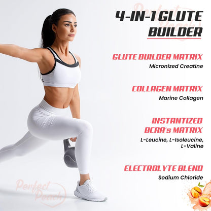 Woman in workout attire with text about a 4-in-1 glute builder product on a white background