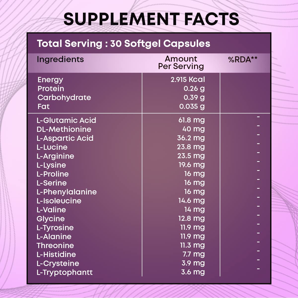 Supplement facts table for 30 softgel capsules on a purple background
