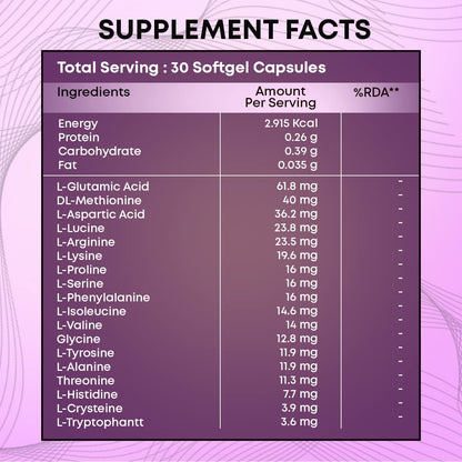 Supplement facts table for 30 softgel capsules on a purple background