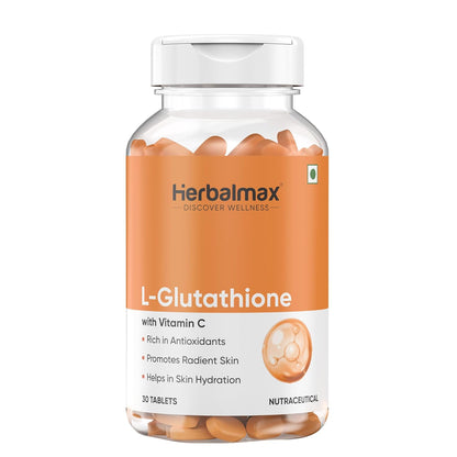 Herbalmax L-Glutathione Tablets with Vitamin C Skin Whitening, Brightening & Radiance Powerful Antioxidant & Immunity Booster Natural Detox Support 30 Tablets