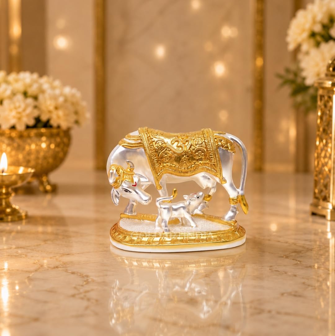 Gold Art India Kamdhenu Cow with Calf Idol | 999 Silver Plated & 24KT Gold Plated | Two Tone Matte Finish | Premium Peacock Green Velvet Gift Box | Vastu Cow Statue for Home Temple & Spiritual Gifting