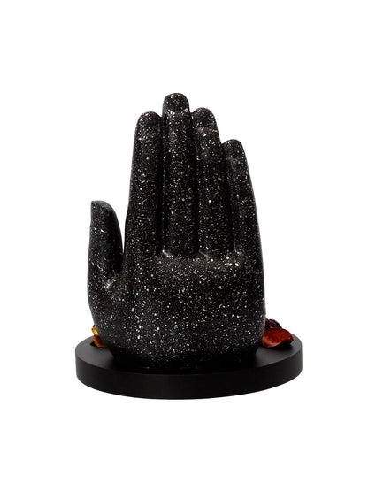eCraftIndia Black Golden Resin Palm Buddha Statue Tea Light Candle Holder Showpiece
