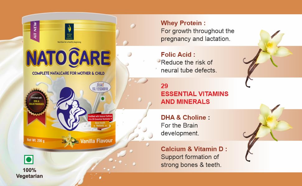 NatoCare protein supplement container with vanilla flavor details on a beige background