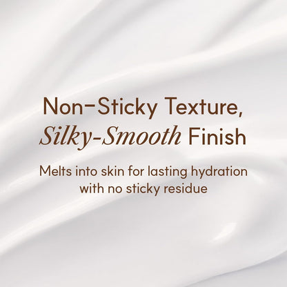 Text on a white background describing a non-sticky texture and silky-smooth finish.