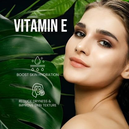 Woman with smooth skin next to green leaves with text about vitamin E benefits