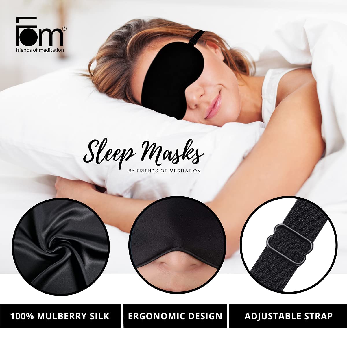 FOM (Friends of Meditation) Friends of Meditation 100% Mulberry Silk Eye Mask, Super Smooth Sleep Mask And Blind Fold (Black + Earplug Combo)