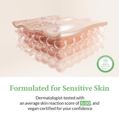 Product packaging with text 'Formulated for Sensitive Skin' and 'Dermatologist-tested with an average skin reaction score of 0.00, and vegan-certified for your confidence'.