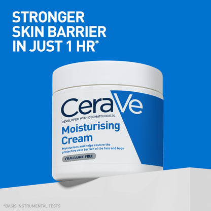 CeraVe moisturizing cream jar with blue background and text about skin barrier strength.