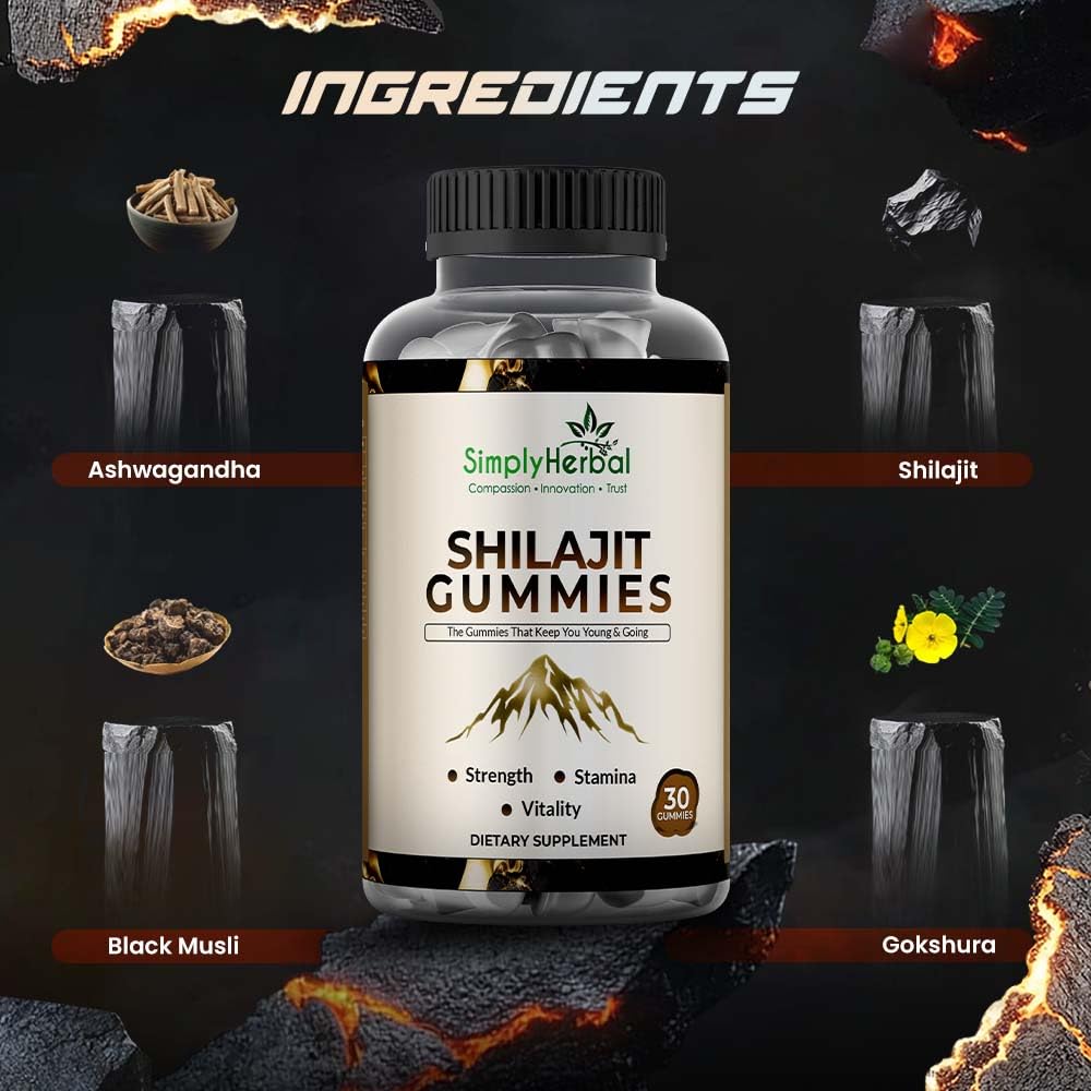 Bottle of Simply Herbal Shilajit Gummies with ingredients displayed on a dark background