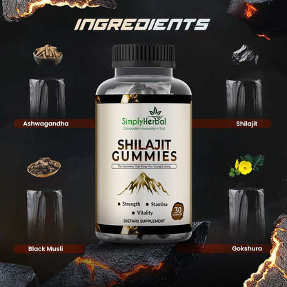 Bottle of Simply Herbal Shilajit Gummies with ingredients displayed on a dark background