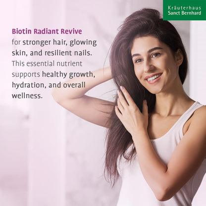 Woman with long hair touching her head, promoting Biotin Radiant Revive product.