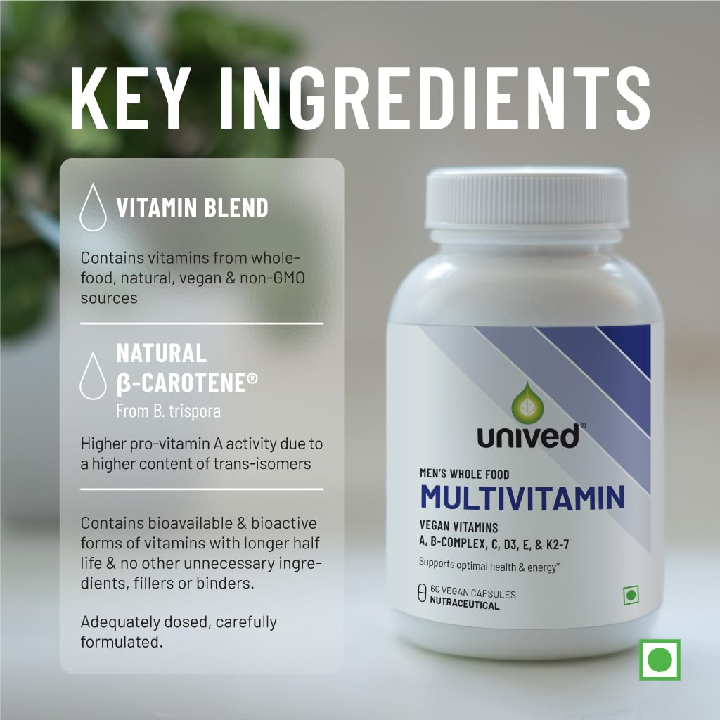 Zephivo Unived Wholefood Multivitamin for Men | Vegan Plant-Based Multivitamins A, B-Complex, C, D3, E, & K2-7 | 100% Natural, Wholefood Plant Based, & Vegan | 60 Capsules
