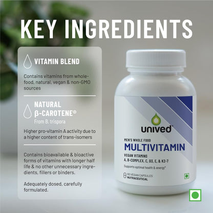 Zephivo Unived Wholefood Multivitamin for Men | Vegan Plant-Based Multivitamins A, B-Complex, C, D3, E, & K2-7 | 100% Natural, Wholefood Plant Based, & Vegan | 60 Capsules
