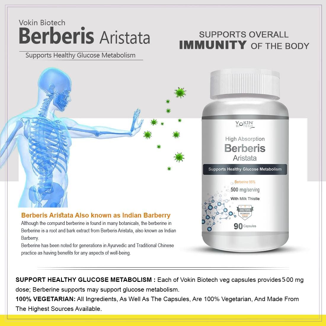 Vokin Biotech Berberis Aristata supplement bottle with human skeleton illustration and text on immunity and glucose metabolism.