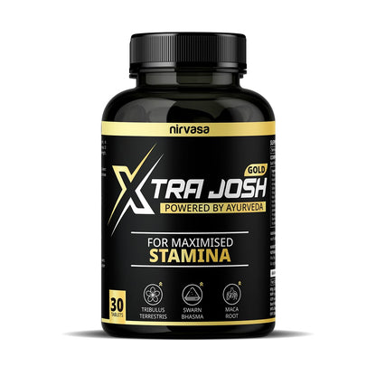 Nirvasa Xtra Josh Gold Tablets (30 Tabs) | Boosts Strength, Stamina, Energy & Performance | Enhances Vitality & Endurance | with Tribulus, Safed Musli, Shilajit, Maca Root & Swarna Bhasma