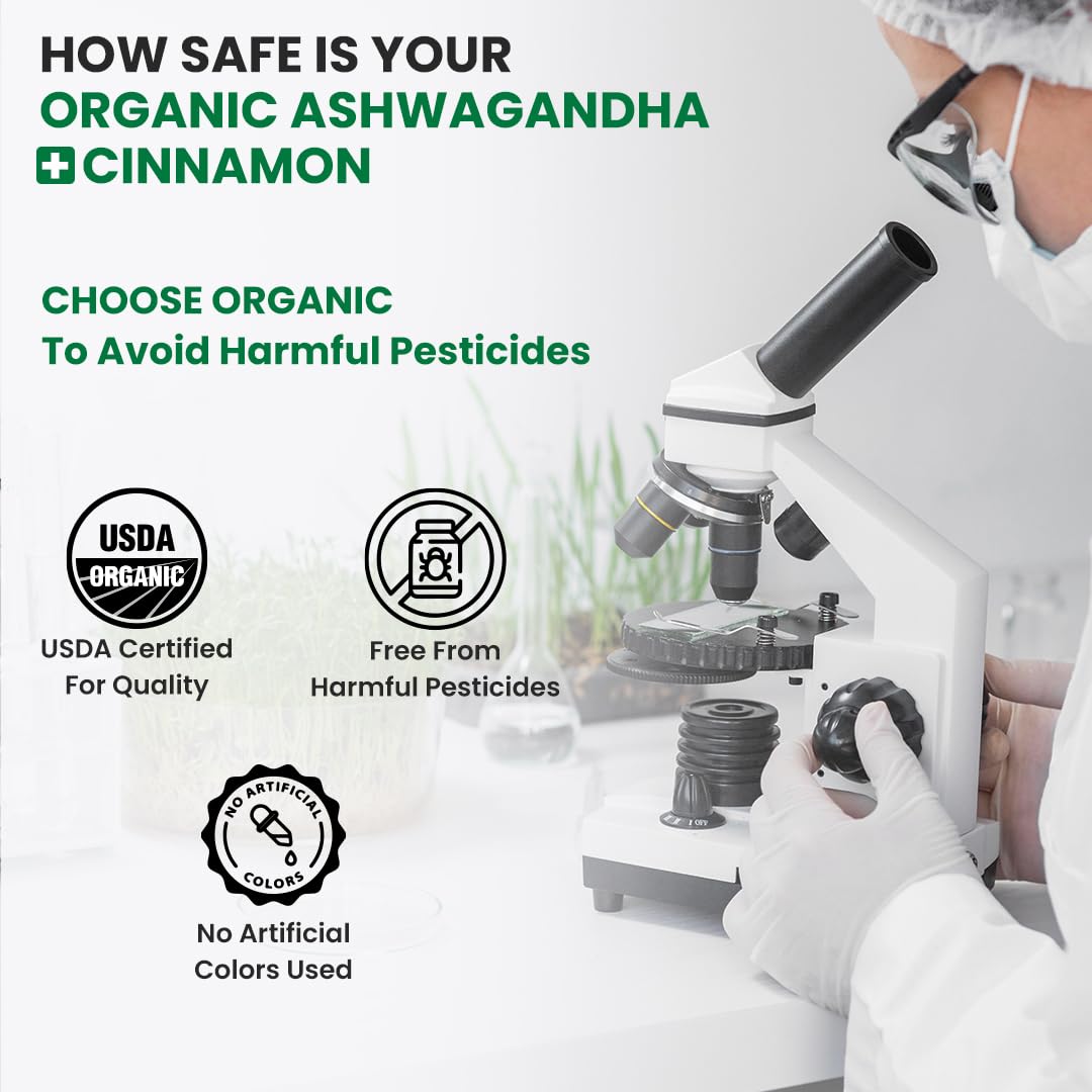 Person in a lab setting with a microscope, promoting organic ashwagandha cinnamon and highlighting USDA Organic certification.