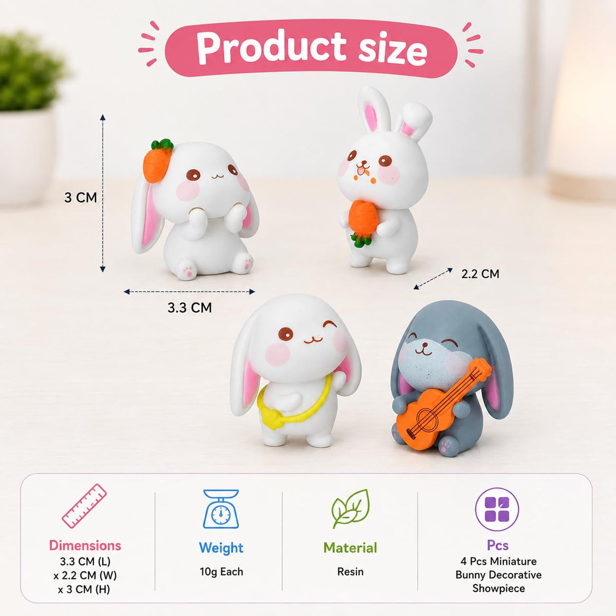 Miniature Showpiece Birthday Gift for Girls Kids, Rabbit Bunny Showpiece Set of 4 for Home Decor Items, Car Dashboard Items, Table Decoration Items, Valentine Day Gift for Girlfriend