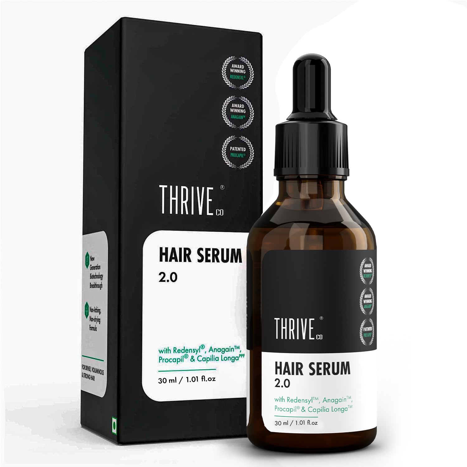 Thrive hair serum bottle and packaging on a white background