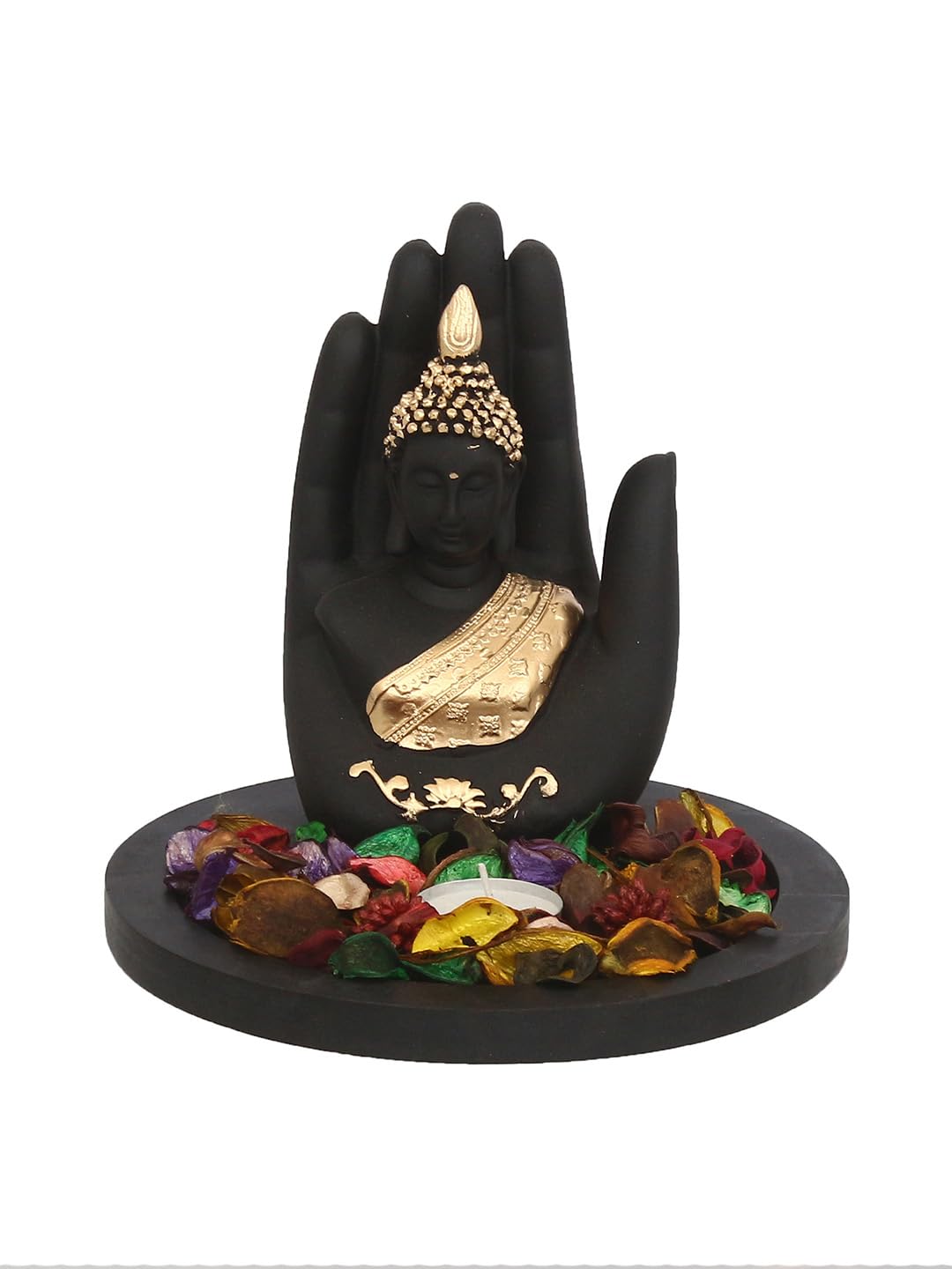 eCraftIndia Black Golden Resin Palm Buddha Statue Potpourri Tea Light Holder| Lord Buddha Statue for Living Room| Gautam Buddha Idol for Home Decor| Showpiece for Diwali Buddha Purnima Housewarming