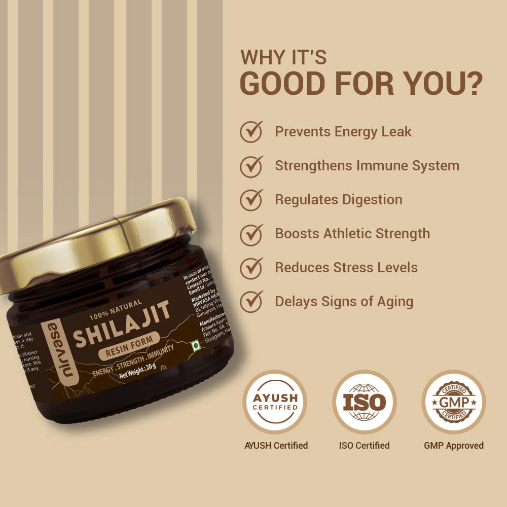 Nirvasa Pure & Original Himalayan Shilajit/Shilajeet Resin 20g | 100% Natural with 70% Fulvic Acid & 84+ Trace Minerals | Boosts Energy, Stamina, Strength & Immunity | 200-500 mg/Serving