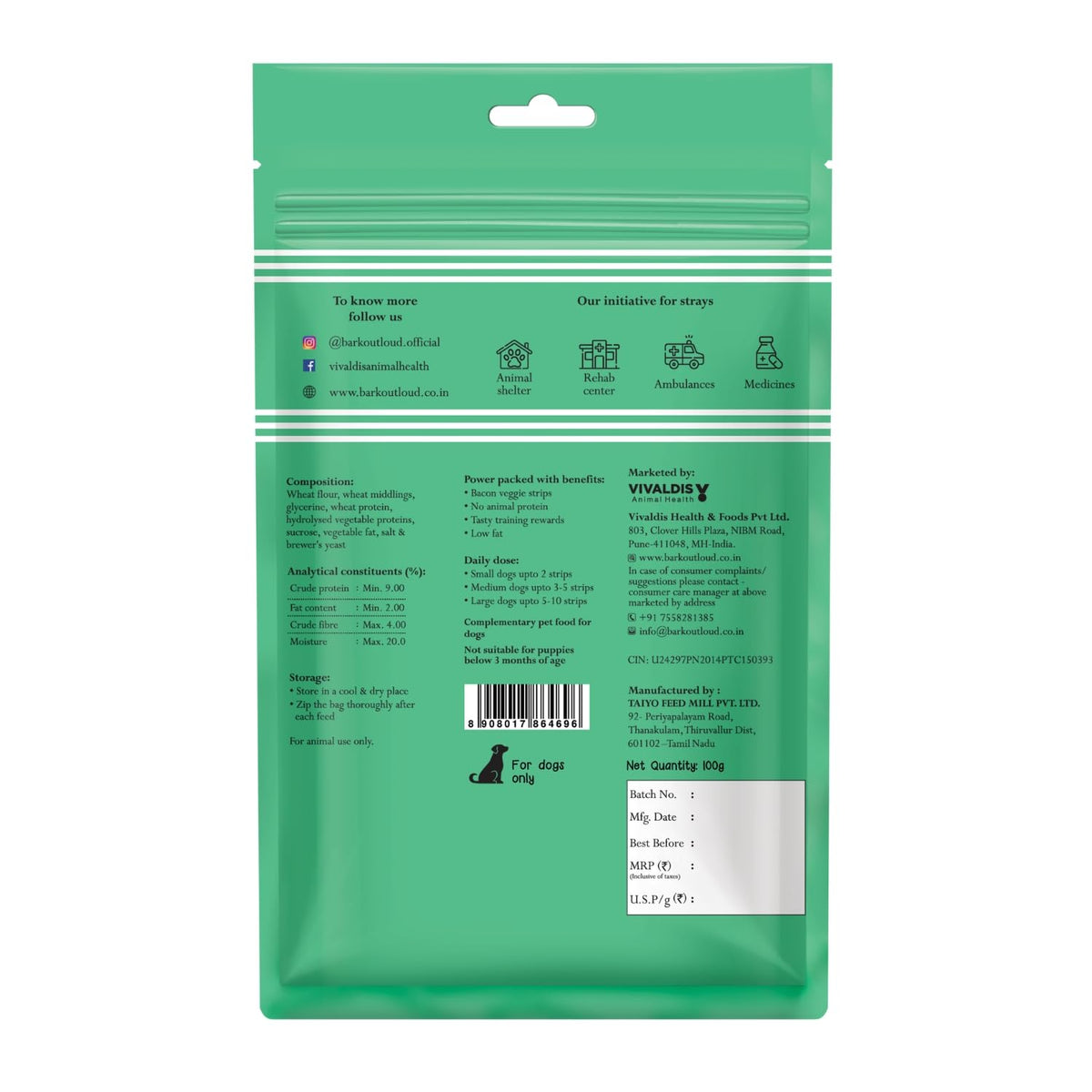 BARK OUT LOUD - Veggie Bacon, Veg/Vegan Dog Treats, Low Fat, High Protein Vegeterian Treats for Dogs 100 GMS