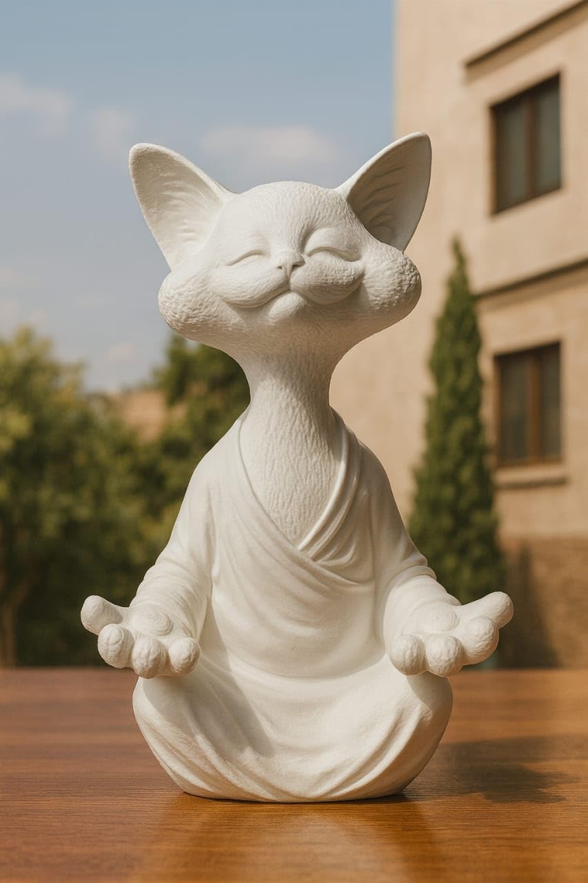 Meditation Cat Statue White | 3D Printed Yoga Cat Figurine | Sitting Cat Sculpture with Serene Expression | Aesthetic Home Décor Showpiece & Gift Item