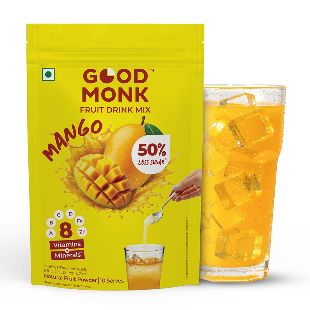 Good Monk Fruit Drink Mix (Natural Mango) - 50% Less Sugar, 8 Vitamins & Minerals for Instant Hydration, Nutrition & Energy | Mango Flavor Juice Powder | Summer Drink for Kids, Men & Women | 10 Serves