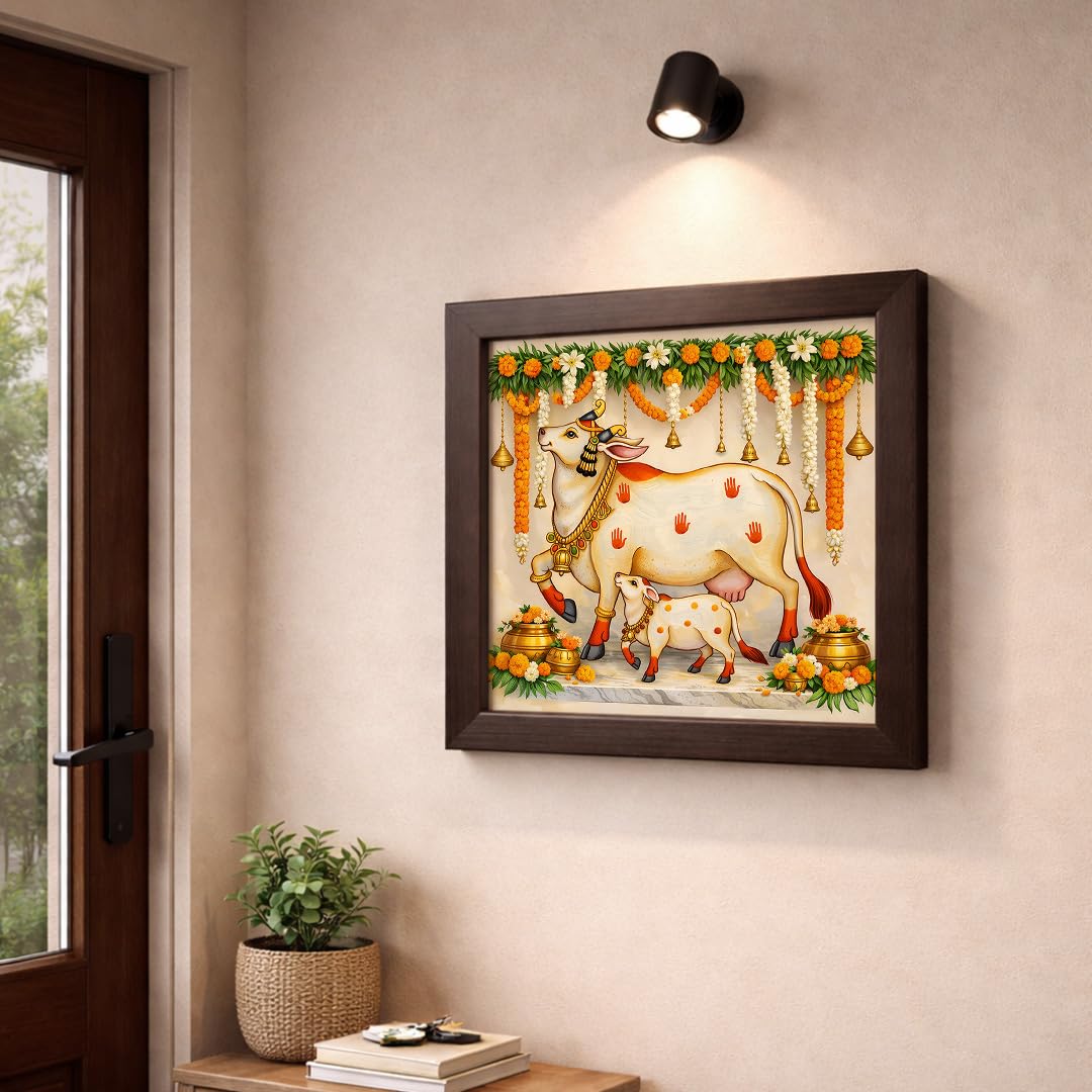Kamdhenu Divine Vastu Sacred Cow Calf Hindu Spiritual Religious Pooja Mandir Traditional Indian Framed Poster Artwork Decor Painting