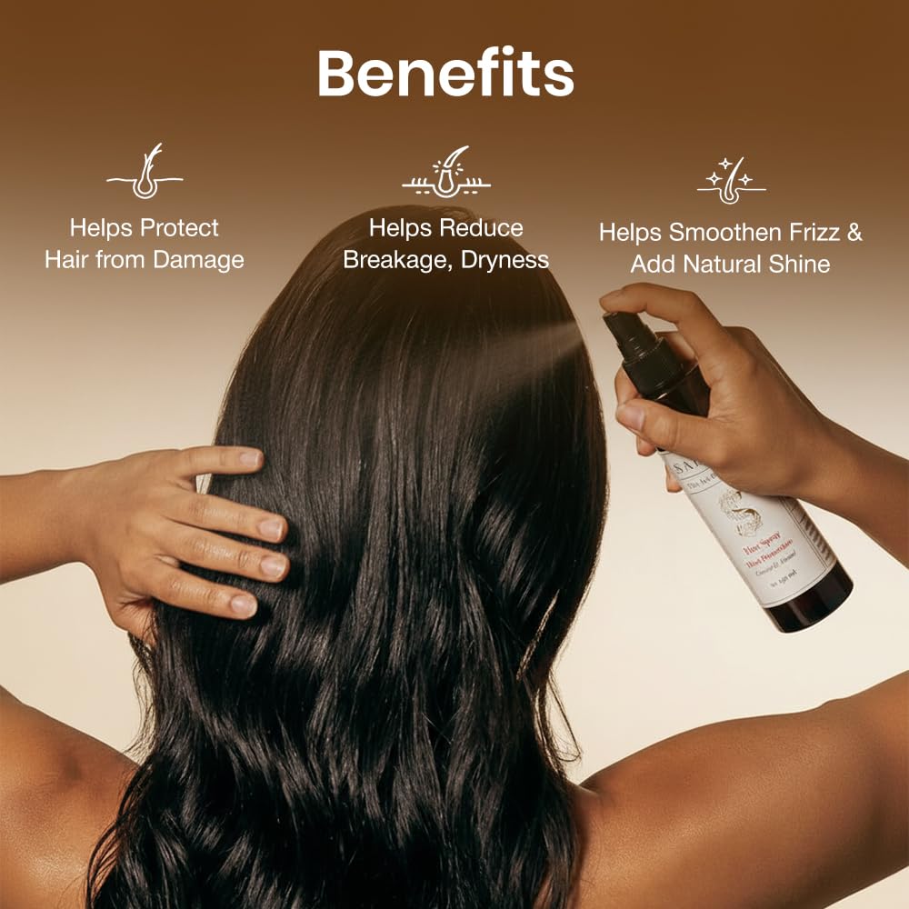 Sadhev Ayurvedic Heat Protection Hair Spray | Shields from Heat Damage | Enriched with Coconut & Almond | Prevents Breakage & Frizz | For All Hair Types (150ml)