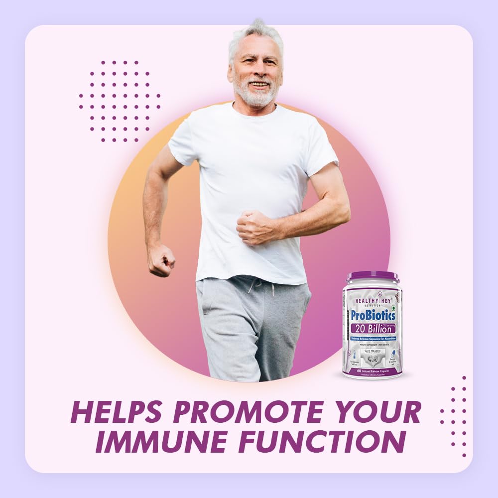 Man running with a probiotics supplement bottle and text on a pink and purple background