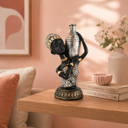 Beautiful African Lady with Pot for Table Décor | Home Décor (Pack of 1, Black,Silver & Golden)
